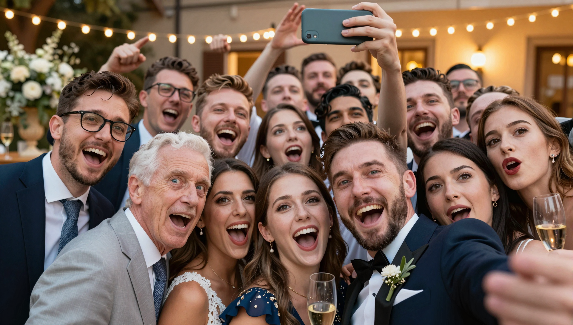 Gruppo di ospiti si fa un selfie al matrimonio